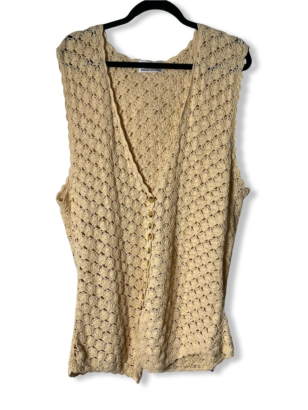 Worthington Woman Vintage Butter Cream Crochet Button-Front Vest Long Line Sz. M